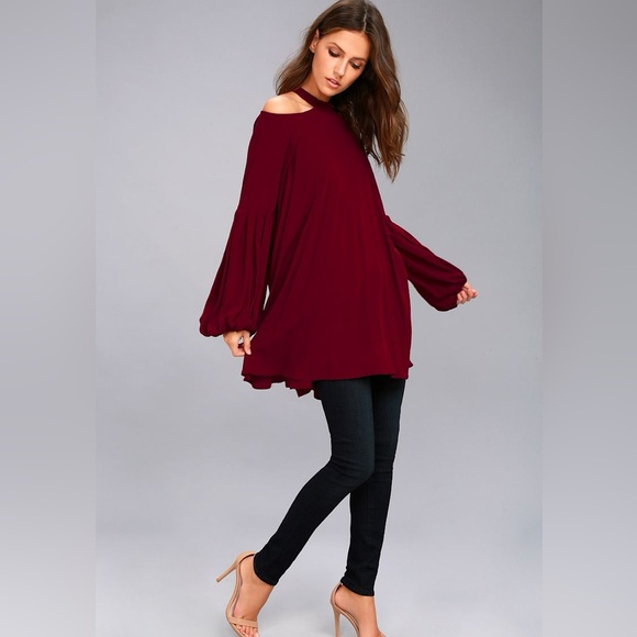 ⭐️ Free People Drift Away Burgundy Cold Shoulder Tunic Top Dress Size SMALL - Picture 5 of 14